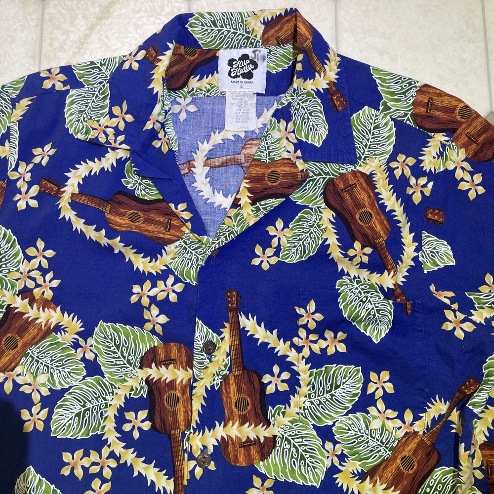 Vintage Hilo Hattie Hawaiian Shirt Men's Size L Flowers Made In USA‎ Camp Guitar